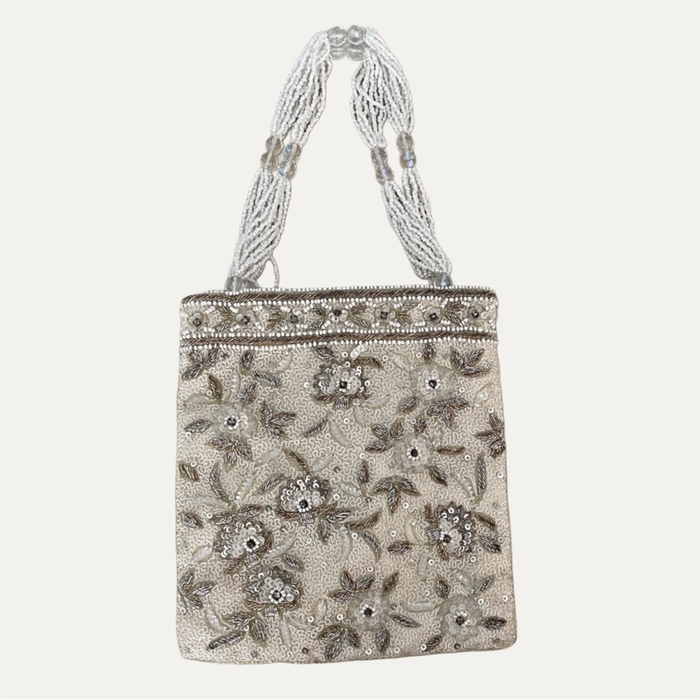 Carolee Cream and Brown Beaded Clutch